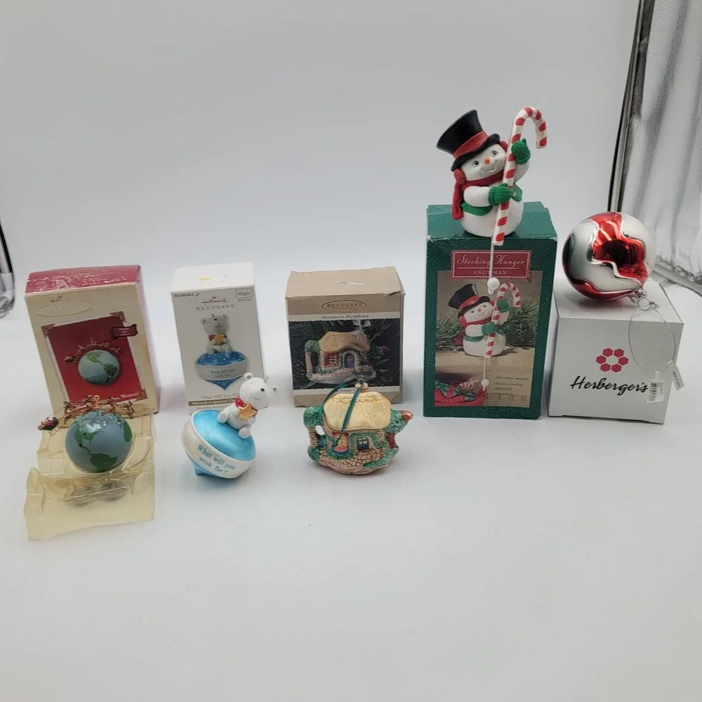 Hallmark Keepsake Ornament Lot Snowman Stocking Hanger Herbergers Glass Ball